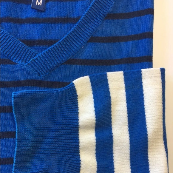 H&M Men V-Neck Sweater Blue White Striped Long Sleeve 100% Cotton Medium - Picture 3 of 12